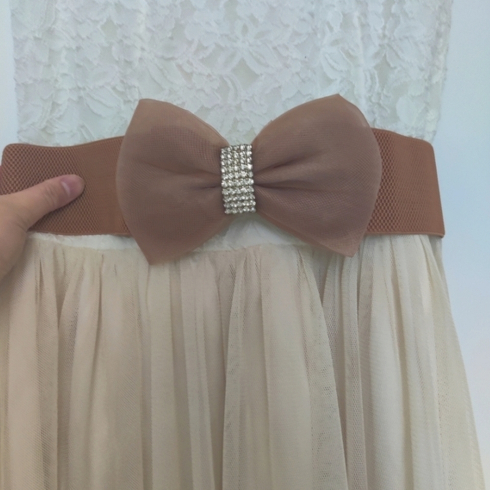 Elegant Cream Lace Dress with Elastic High Waist Bow Belt